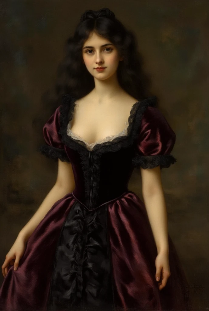 A picture of a woman wearing a black dress and red lipstick, Works inspired by Friedrich von Amerling, Inspired by Thomas Lawrence, Inspired by Franz Xaver Winterhalter, Nick Alm, oil painting style, realistic woman oil painting, elegant portrait, beautiful portrait of a woman, Inspired by Casey Baugh, elegant digital paintings, Inspired by Howard Chandler Christie, cool beauty, perfect tall model body, best quality, perfect angle, perfect composition, best shot, official art, cinematic light, supreme work of art