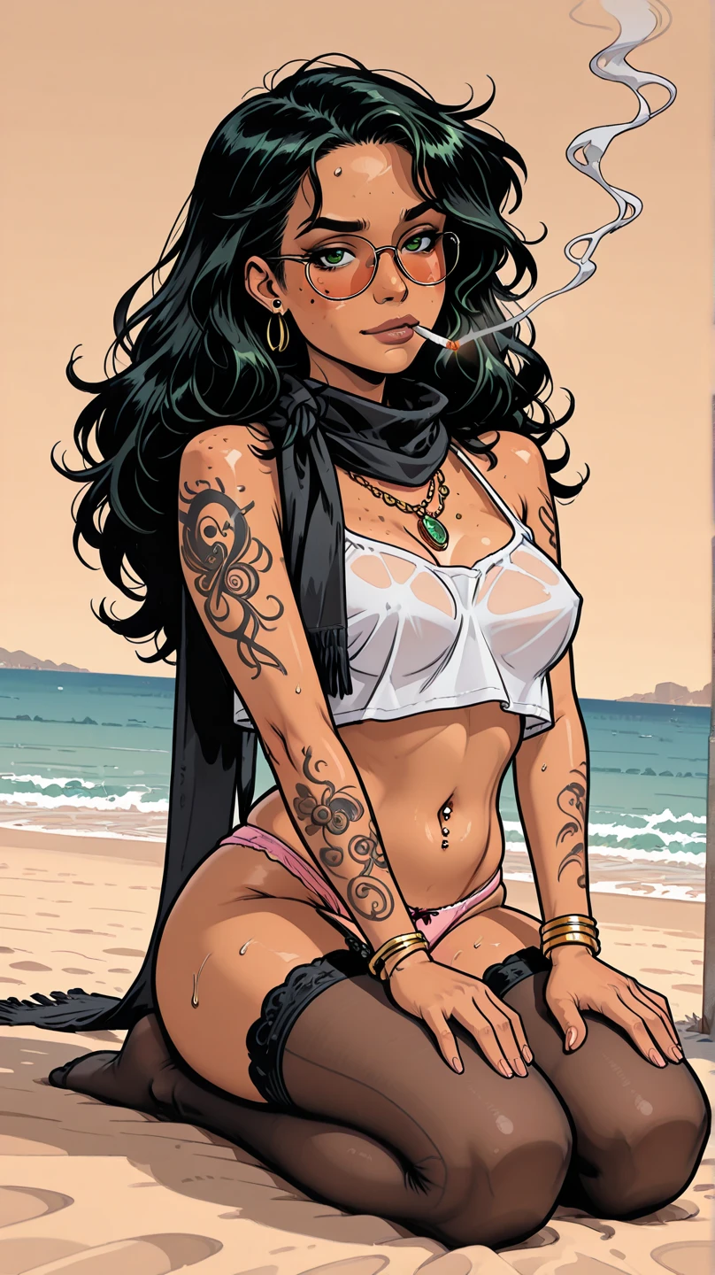 One girl, black_hair, green_eyes, slanted_eyes, black lips, dark make up, nose piercing, double braids, full tattooed body, pecas, purple_bikini, in the beach