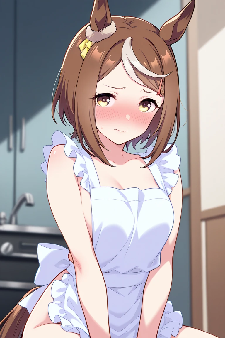 ((Small Breasts)),Highest quality、Very delicate and beautiful、((Very short bangs))、((Bangs))、Light shiny brown hair、The hair is light、((Short Bob))、Cute face、Young face、Cute like an idol、Yellow Eyes、Are thin、Slim figure、Short、(Child body type)、Embarrassed face、Open Mouth、smile、Red face、(Living room at home)、Photographed from the front、