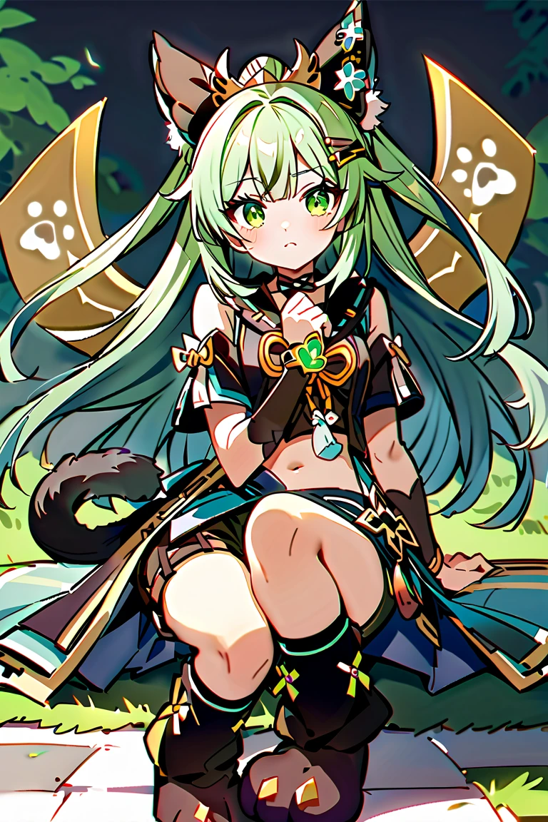 1 girl，Best quality, tmasterpiece, Long green hair, beautiful,detailed eyes, HD, super cute girl, super cute hairstyle, extremely detailed, Visually inspect the audience, The face is slightly red，is shy，adolable，Lori small breasts cleavage，white dresses, skirt, pleated skirt, frills, (sitting on his knees on the bed:1.4), (solo:1.6), seductive smile, (green eyes with beautiful pupils:1.7),