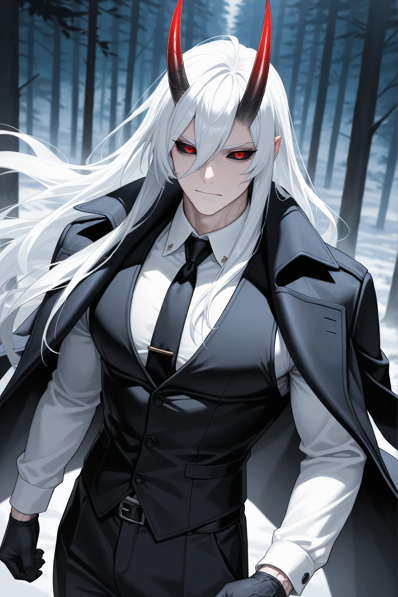 absurdres, (((Ultra HD))), (((Ultra High Quality))), ((hyper detailed)), ((Ultra High Resolution)), (Highly rendered), ((detailed eyes)), (((8K))), ((perfect face)), ((masterpiece)), cinematic, solo, 1boy, tall, black veins, white hair, long hair, red pupils, black sclera, Oni horn, black trench coat, white button up shirt, tie, black vest, black gloves, black pants, forest background