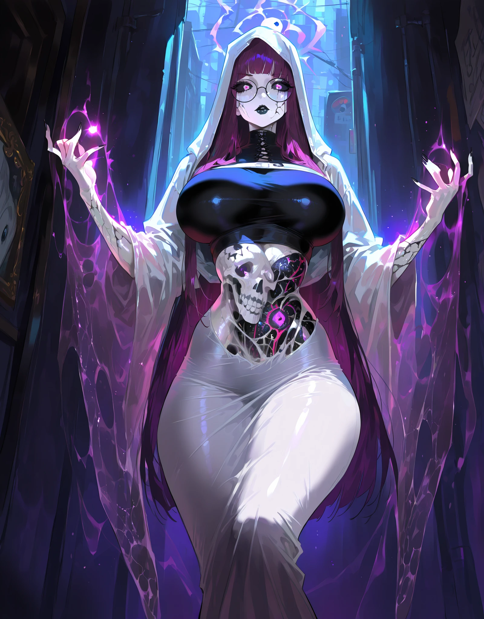 ((NSFW, , best quality, amazing quality, very aesthetic, extremely detailed, intricate details, minute details, detailed background, dramatic cinematic lighting:1.4,incredibly_absurdres, hard light:1.4, masterpiece 8k, vivid colors, rich palette, score_9, score_8_up, score_7_up), ghost woman, ghostfreak skin\(ghostfreak, white skin, solo, no humans, purple eye, black sclera, ghost,, big breasts, straight bangs,, straight hair, long hair, purple hair, glasses, black crop top, black lips, ghostfreak body, white hood\)