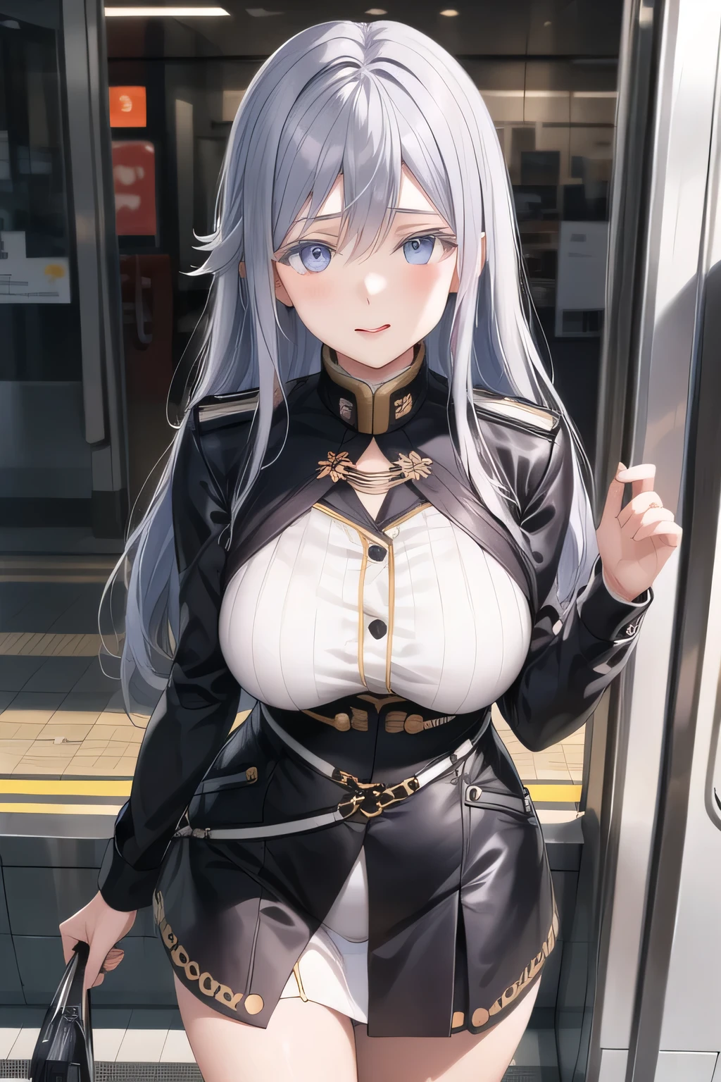 Big BreastsをさらにBig Breastsに描いて下さい,nice smiles,Blue Miniskirt, wet 、beautiful and neat face,Big Breastsでもウエストが細い,,nice smiles,Can you draw a woman looking at a train,draw a woman waiting in front of the car in front of you,東京の地下鉄ホームでwaiting for the train女性は描けますか, ,congestion,waiting for the train,fun,Underground railway stations ,The sign hanging on the wall,{{X}},Please describe her expression in more detail,walking alone, city tour ,,(((I'm wearing casual clothes inspired by a tourist))), I have a SLR camera ,(Let's draw a more delicate look),(sleeveless wool sweater),( Pleated Legs,white panties),(That work is enough for one person {X} is very important for work)、 That's enough,frown。unless the job requires it。 {X}、 , An attractive 40-year-old woman takes off her uniform and jumps off, Big black wavy hair, , Big Breasts, thin waist , , ,Faces are very important,