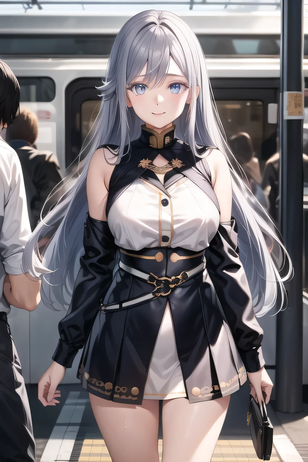 Big BreastsをさらにBig Breastsに描いて下さい，nice smiles，Blue Miniskirt， wet 、beautiful and neat face，Big Breastsでもウエストが細い，，nice smiles，Can you draw a woman looking at a train，draw a woman waiting in front of the car in front of you，東京の地下鉄ホームでwaiting for the train女性は描けますか， ,congestion,waiting for the train，fun，Underground railway stations ，The sign hanging on the wall，{{X}},Please describe her expression in more detail，walking alone，          city tour          ,，（（（I'm wearing casual clothes inspired by a tourist）））， I have a SLR camera  ,（Let's draw a more delicate look），（sleeveless wool sweater），（ Pleated Legs，white panties），（That work is enough for one person {X} is very important for work）、 That's enough，frown。unless the job requires it。 {X}、 ,    An attractive 40-year-old woman takes off her uniform and jumps off,                          Big black wavy hair, ,   Big Breasts, thin waist ， ,   ，Faces are very important，