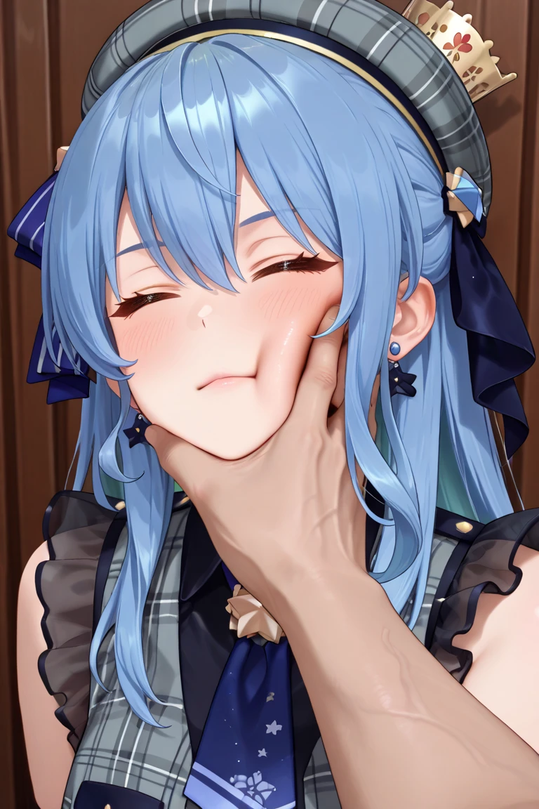 2person ,1girl, 青い髪, ツインテール, 目の間の毛, hair bow, eyebrows visible through hair,nipple, nsfw, 1man’s face, {{{man hand on breasts,}}},, orgasm, portrait, best quality, very aesthetic,