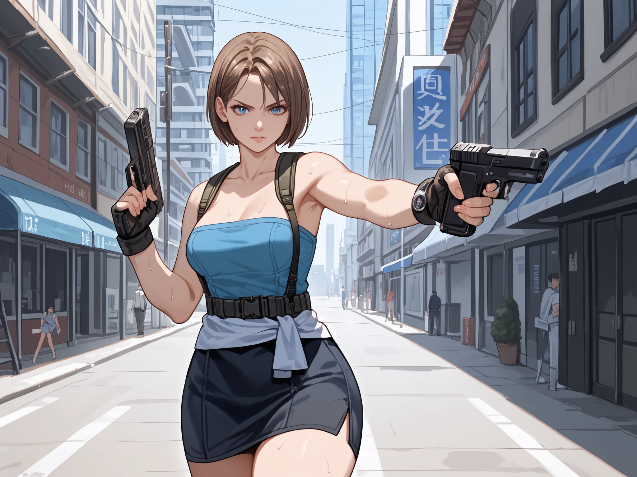 blue eyes, in a modern city street, urban background, office buildings, skyscrapers, combat stance, black pencil skirt, RE3 Jill, blue tube top, clothes around the waist, fingerless gloves, chest, battle pose, holding gun, sweat, determined expression, focused but calm, brown hair, bob cut, beautiful thighs, medium bust, dynamic action scene, anime style