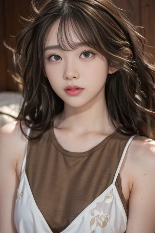 1girl, high quality, looking at viewer, upper body, tank top, simple background, floral print, lace trim, parted lips, <lora:yznn_v1-000008:0.68>