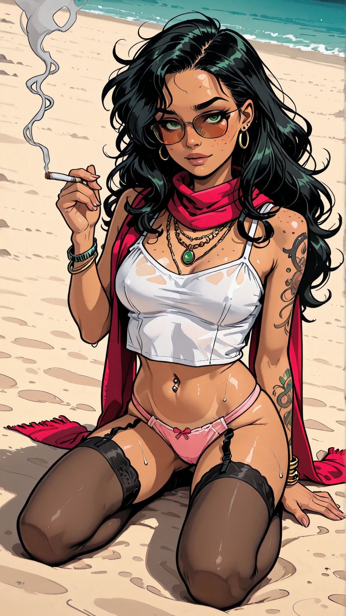 Solo, 1girl, High Resolution, medium Breasts, black hair, beach background, no headwear, manga Style, naughty look, full body, bracelets, arm tattoos, High Details, neckband, naughty posing, tanned, piercings, aroused face, ear rings, green eyes, super strong blush, head tilted, naked shoulders, black thigh high stockings, jewellery, ruby, belly button piercing, lots of necklaces, thin body, open eyes, looking at viewer, dutch angle, very long necklaces, face freckles, naked shoulders, big hair, long hair, sexy pose, pearls, legs spread, more necklaces, arms covered in tattoos, spreading, sweaty, extra long hair, pink panties, white sexy top, sunglasses, seiza, smoking cigarette, hand on cigarette, long scarf