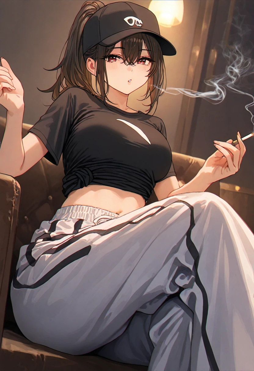 1girl, brown skin, lime green eyes, short hair, black hair, curly hair, wolf cut hair style, 18, small waist, wide hips, black hoodie, skirt, laying on couch, fart, fartfx, onara, brown skin, brown skin, brown skin