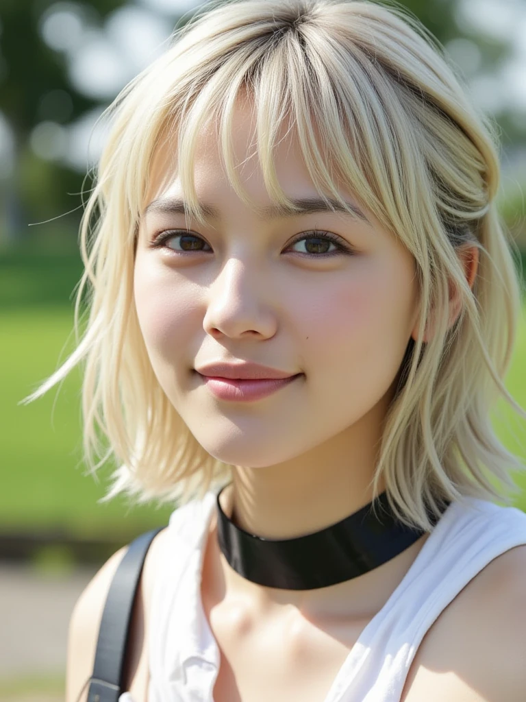 Close-up portrait of a beautiful Japanese girl。She has short, silvery bob hair.、Her hair is messy and falling over her face.。The large eyes are purple、Her gentle smile is impressive。Her cheeks were slightly red、Have a healthy and lively appearance。The girl is wearing a white tank top.、The tank top is wet and sticking to your skin.。She is wearing the shorts from the set and they are wet too.、There's water on my shoulder、It creates an atmosphere as if you are in the rain.。The background is bathed in soft white light.、The light reflects off her hair and skin.。as a whole、The extremely realistic and refreshing depiction is characteristic.。