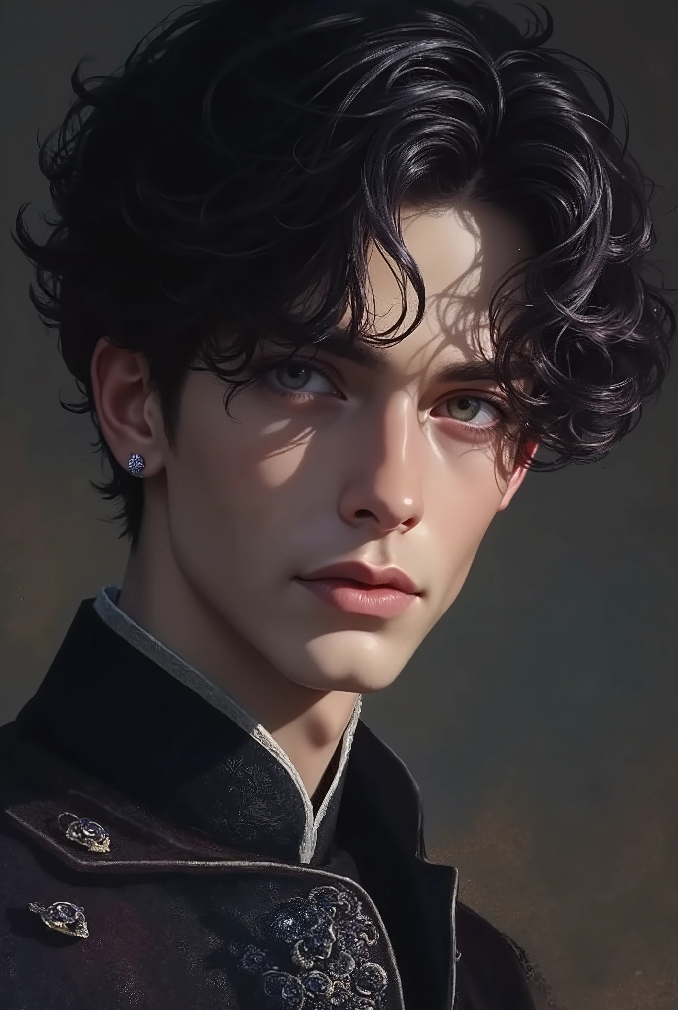 Noble young prince
Aristocratic youth
Mysterious male beauty
Medieval nobleman
Regal young man
Raven-haired male
Enigmatic royalty
Delicate but strong features
Noble gaze
Art Style Keywords:
Cinematic fantasy portrait
High-detail realism
Soft moody lighting
Baroque background
Rich color grading
Fantasy film aesthetic
Painterly touch
Period drama lighting