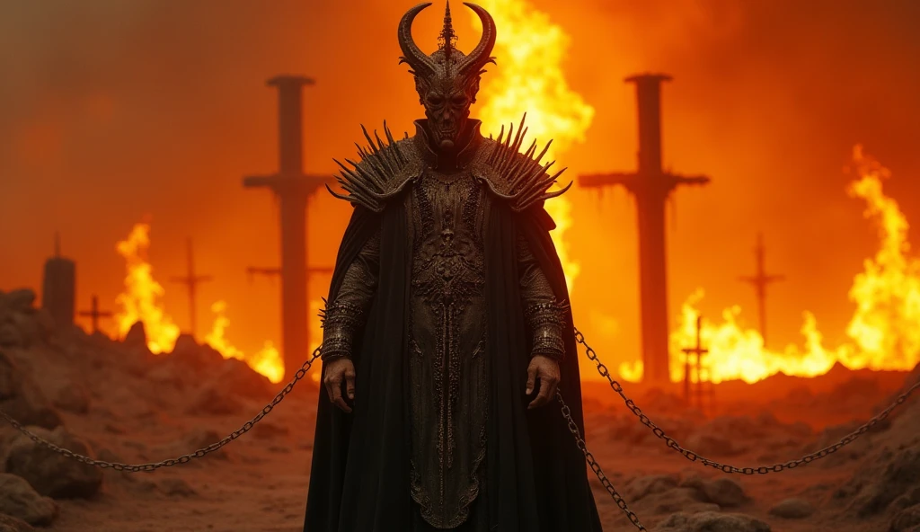 The devil in the middle,Two people in chains,Men and women on either side of the devil