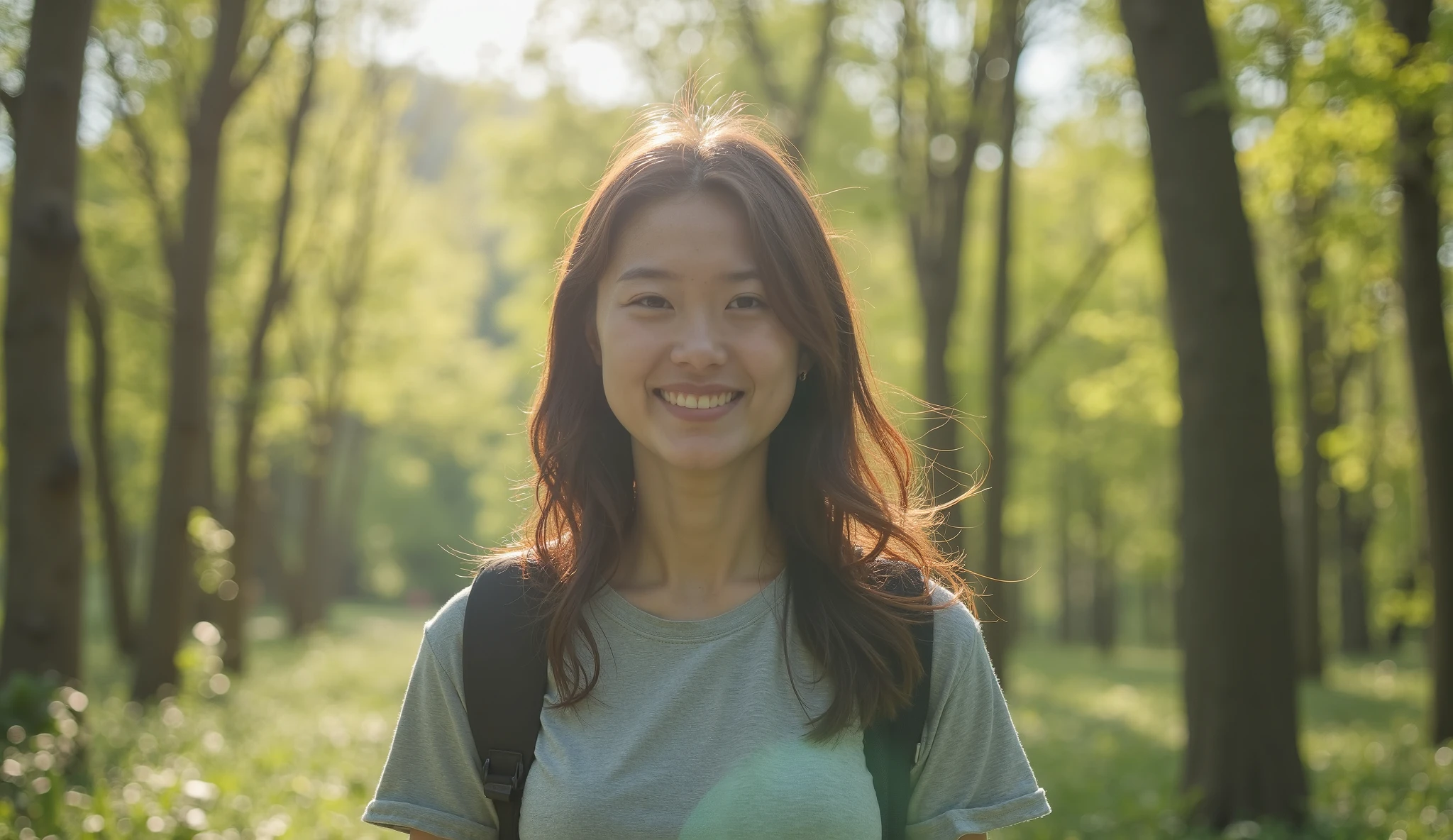 20 years old asian girl with long hair, brunette hair, full body, hiking, orange sweartshirt, brown pant, some facial imperfections, no makeup, beautiful girl, smilling, highly detailed face, real human, ultra detailed, big boobs, (texture:1.1) (realism:1.1)