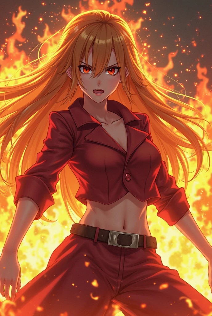 Female version of Monkey D Luffy, 1girl, black long hair, (a scar under left eye), wearing a Strawhat, black bra, red open shirt, black pants, best quality, masterpiece, black eyes, smiling, standing, red heels, fiery background, beautiful eyes, cute, sexy, scar under left eye, black coloured eyes, anime