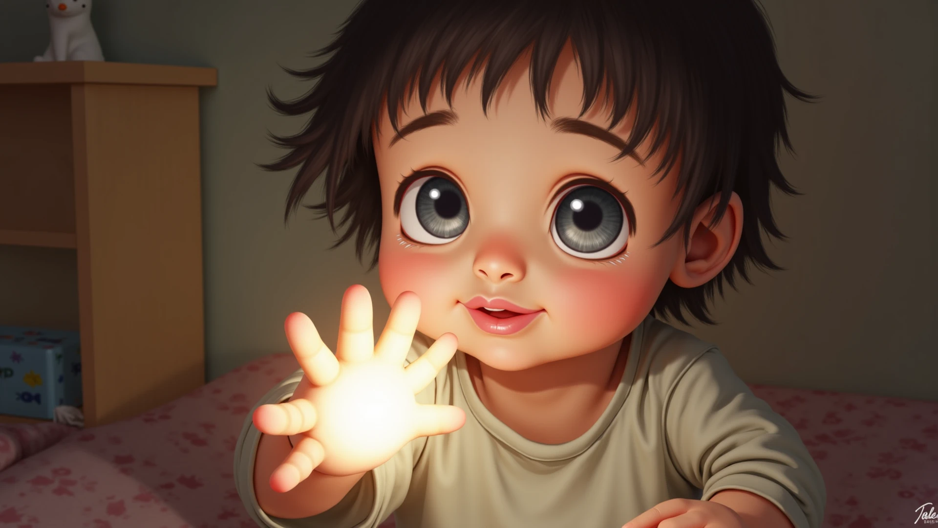 Boy looking at his hand and smiling in an evil way
