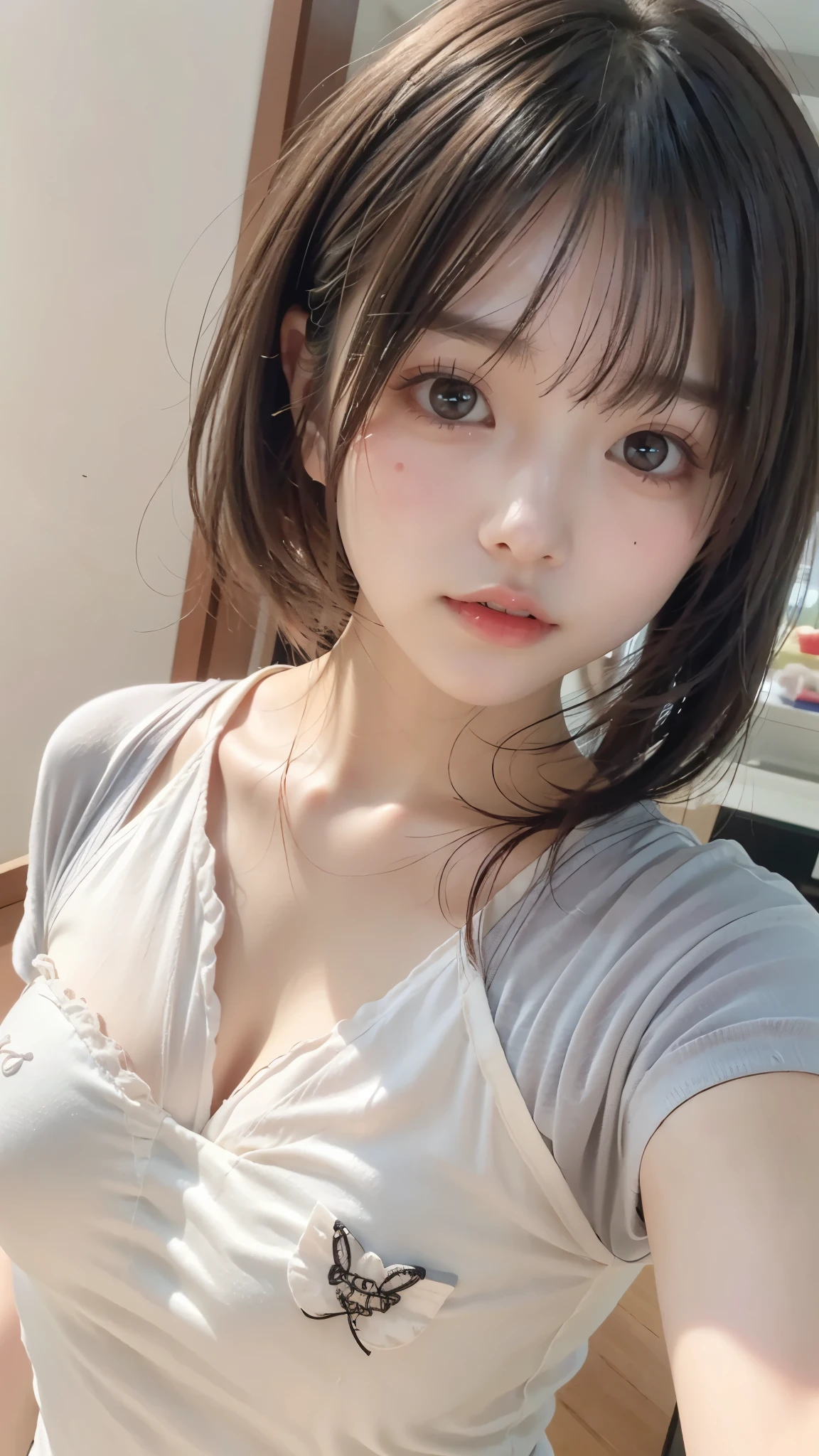 Super cute girl、((accentuated breasts))、slender body、Highest Quality、8K、 RAW photos 、(Mischievous Smile:1.2)