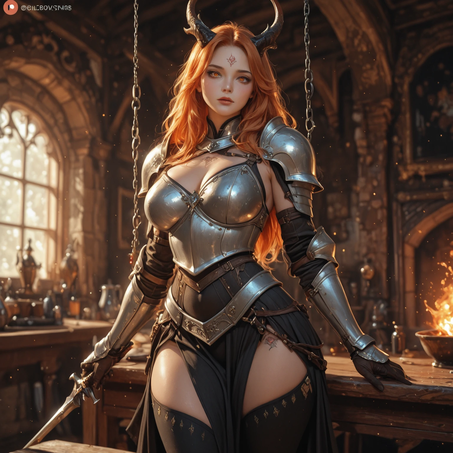 Realistic, Photorealistic, Erotic, Sensual, Intimate, Passionate, 8k, Realistic Skin, Vivid Colors, Natural Lighting, Intricate Details, Artwork, High Definition, Wide Shot, Standing Defiantly in a Sex Dungeon, Facing Forward with Legs Spread, 20s Girl, Dragon Claw Hands, Black Horns on Her Forehead, Black Wings on Her Back Highly Detailed and Anatomically Correct, Orange Red Hair, Very Long Very Curly and Very Disheveled Hair Falling Over Her Perfect Tits in Tousled Curls, Freckles on Her Face, Freckled Girl, Light Sky Blue Eyes, Very Red Full Lips, Long Earrings, Highly Detailed Golden Slaves on Her Arms, She is a Demon from Hell, Wears a Very Tight and Very Provocative Black Latex Corset. Very Tight Black Latex Stockings. Black Metallic Wrist Cuffs. shapely, shapely legs. Tits on display, pussy on display, redhead's hairy pussy on display. She's satan's bitch, voluptuous and perverted. Spectacular body, huge tits, giant tits, tits that fall in the shape of a tear, tits on display, a sex goddess from hell, beautiful, looks at the viewer with lust and desire to fuck, touches her body, hot and provocative, wet skin, reddish skin tone, red and flames predominate. The scene takes place in hell, a dungeon with old bricks and rubble, a sexual dungeon, sado, there is a cauldron with fire that lights up the scene. NSFW, she exudes sex from every pore of hers, she comes to fuck the viewer without contemplation, she smiles with vice.