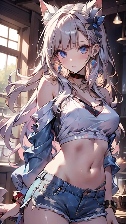 score_9, score_8_up, score_7_up,
1girl, alisa ilinichina amiella, solo,grey hair,long hair,blue eyes,hair between eyes, pantyhose,underboob,bare shoulders,black crop top,red headwear,red plaid skirt,