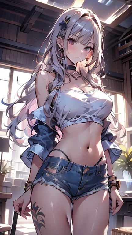 (best quality,highres:1.2),ultra-detailed,realistic,photorealistic:1.37,a beautiful girl (Mirajane Strauss from Fairy Tail) model in the image of a charming sexy Succubus with small horns,17 years old,long legs,medium breasts,extremely detailed face (with emphasis on azure eyes and she smile),Her white-colored hair falls to her shoulders.She is dressed in short blue denim shorts and a very short top (very shabby and torn in places),bent down, lifting her ass to the top,more sexy pose,illustration,colorful pop up art style,dynamic lighting,neon colors.Nsfw
