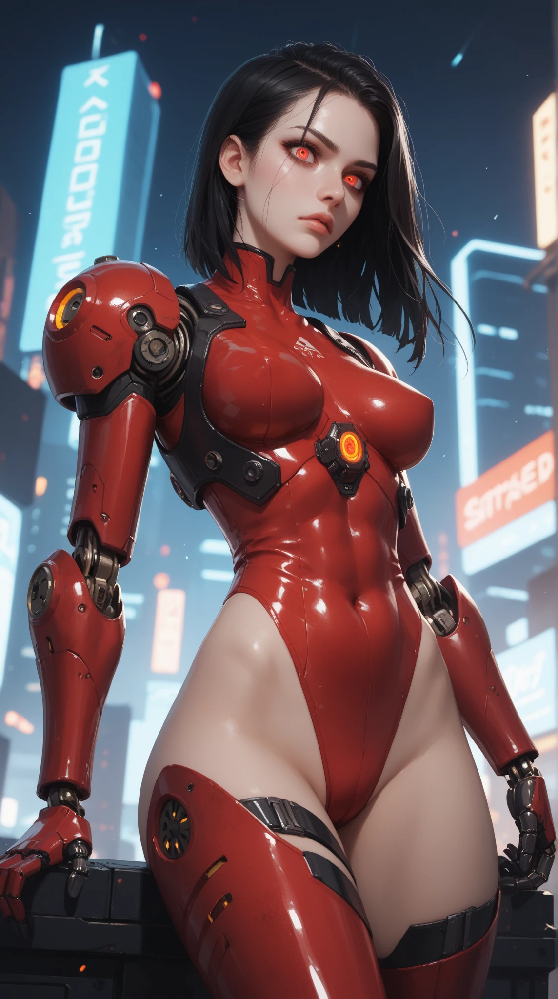 Beautiful Alluring Cyborg female, red Metal Chrome Bare Skin, Athletic Well Toned Body, exposed red mechanical parts and wires, red mechanical limbs, glowing mechanical parts, machine and human, wires instead of hair, In a high tech Laboratory, laying in a repair table, Barely Clothed, glowing neon parts, Cyberpunk Theme, Computerpunk, Beautiful D&D Character Portrait, Beautiful Face, Ominous, Dark Fantasy, Fiverr Dnd Character, Octane Render, Digital Art, Extreme Detail, 4k, Ultra Hd, Polished, Beautiful, Hyperdetailed, Intricate, Elaborate, Meticulous, Photorealistic, Sharp Focus, Wlop, Character Design, Unreal Engine, 3d Rendered, Volumetric Lighting, Reflections, Glossy, Digital Illustration, Sensual Pose, Suggestive Pose, Full Body Shot, naked, visible nipples, puffy vagina, 💖❤💕💋❣