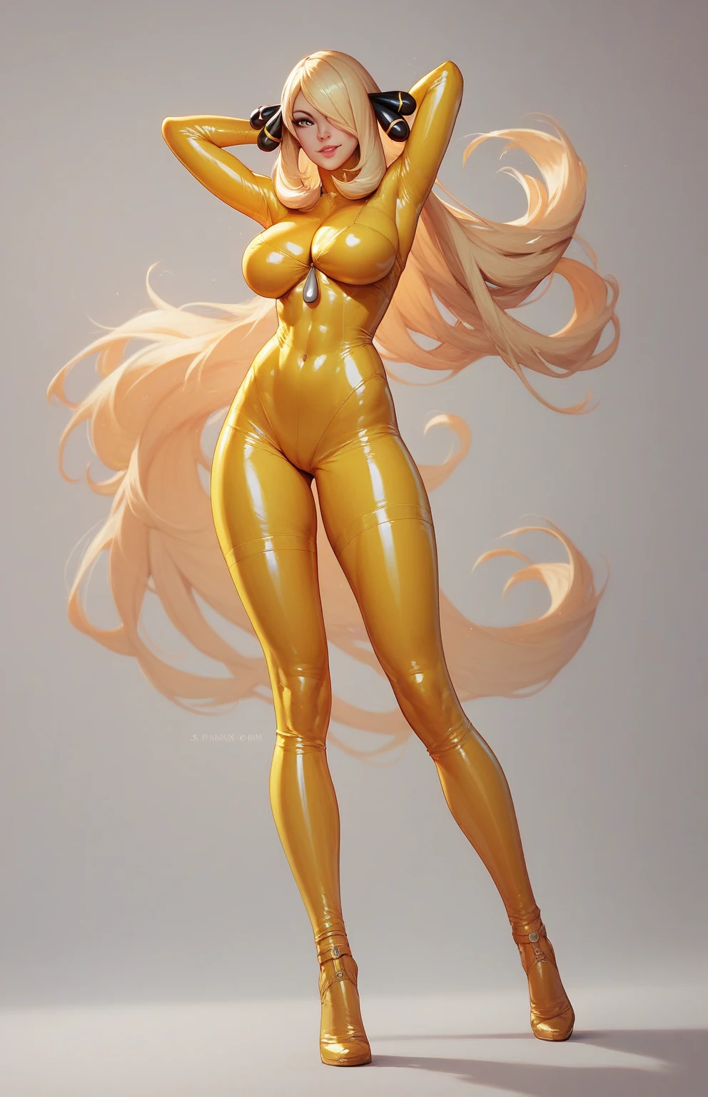 a beautiful full body portrait of Samus Aran from Metroid naked, blond, Samus Aran, Character, very high detailed, pretty, slim thick, very huge breast, large breast, milky breast, no wear, no pants, thick body, very wide hips, narrow waist,