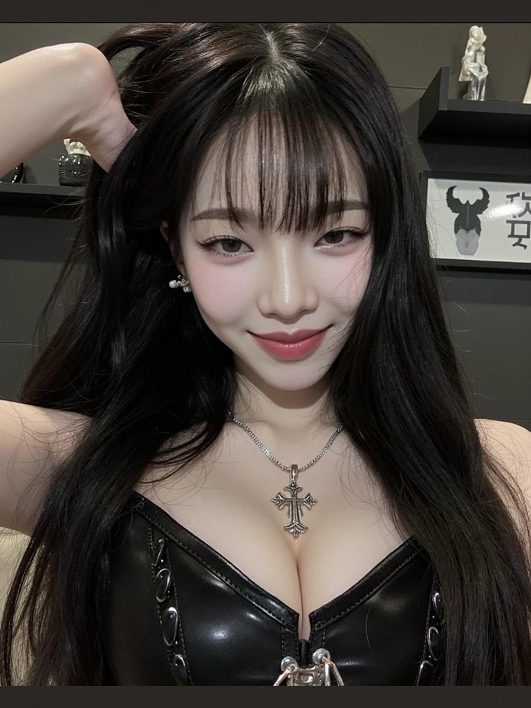 a close up of a woman in a black dress with a cross on her chest, cruel korean goth girl, with long hair and piercing eyes, she has black hair with bangs, xision wu, 1 7 - year - old goth girl, lalisa manobal, kanliu666, goth girl, sultry smirk, blackpink jennie, jennie kim 