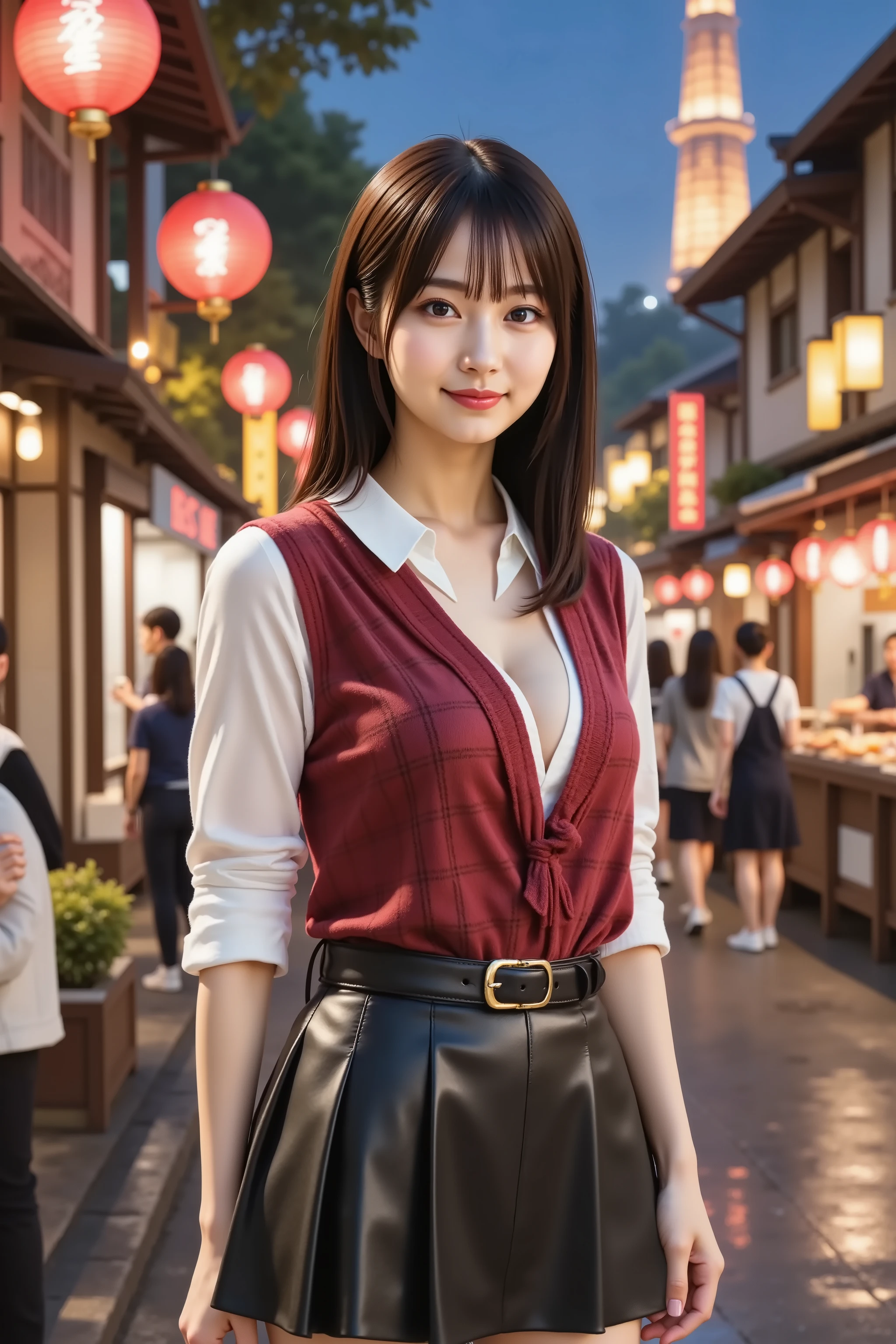A photorealistic digital painting of a slender young woman with smooth fair skin and voluptuous firm breasts emphasized by a wide deep cleavage beneath a fitted red plaid sailor-style blouse tied at the front in a neat bow over a white fitted undershirt, each hair strand rendered with lifelike detail and gentle stray wisps drifting around her shoulders, paired with a high-waisted black pleated mini skirt secured by a slim leather belt with a gold buckle. She stands full-body in a vertical 2:3 composition in a vibrant urban night scene with a landmark tower glowing behind her, neon signs and bustling crowds lining the wet asphalt street. Her right arm is raised with elbow bent at shoulder height, index finger gently brushing a loose strand of hair beside her face, while her left arm hangs relaxed at her side with fingers lightly grazing the skirt hem. Her weight is shifted onto her left leg, causing her right hip to jut outward and her right knee to bend inward, toes pointed on the pavement to create an elegant S-curve through her hips and legs. Her torso twists subtly to the left, shoulders drawn back to push her bust forward and boldly showcase her cleavage, head tilted slightly upward as her almond-shaped eyes meet the viewer in a calm confident gaze and lips curved in a soft enticing smile. Soft ambient glow from street lanterns and neon reflections on the rain-slicked ground casts dynamic highlights on her skin and clothing, while a warm rim light outlines each individual hair strand and traces the texture of the plaid fabric and leather skirt. In the background, clusters of spectators under red lanterns watch a distant fireworks burst, steam rising from street food stalls, and the tower’s lattice structure lit in gold, creating an atmosphere of lively nocturnal allure and joyful urban sophistication.