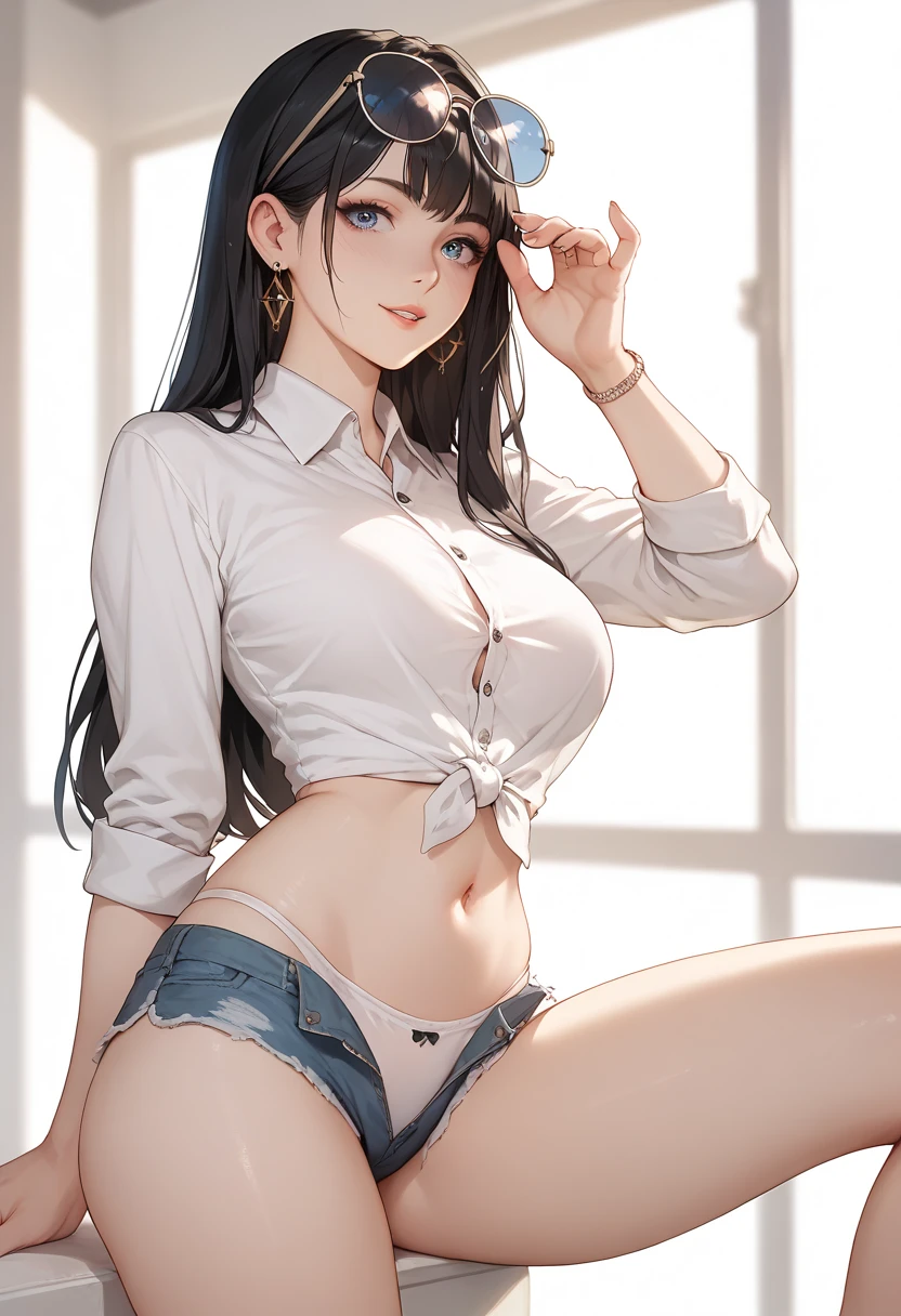 Character Details:, - Gender: 1 Girl.
- Style: Anime, - Body Type: Attractive body, slim body, nice legs, slim tights, nice arms, nice shoulders. - Breast: (Small Breast:1.1), (Cleavage), (Nipple).
- Facial Feature: Beautiful, Gorgeous, ager, Fresh, Young.
- Expression: Shy, Smile, Horny, Pink Blush on Face, Sexy Eyes, Sexy Look, (Sweating:1.4), Innocent Look, Tipsy. - Hairstyle: Blunt Bangs, Long Hair. - Hair Color: Light Blue Hair.
- Clothing: (Office Cream Shirt:1.6), (Sexy Laced Bra:1.6), ((Office Skirt:1.4)), (off-shoulder:1.6), (Stocking:1.4). - Body Pose: (Lean to wall). - Behaviour: Waiting, Want Something, Secretly.
- Accessories: Earrings., Environmental Details:, - Setting: Bed Room., - Lighting: Natural Light., - Decoration: Modern Bed, Chair, Window, White Curtain, City View. Top view. pov, anime style, UHD, retina, masterpiece, accurate, anatomically correct, textured.