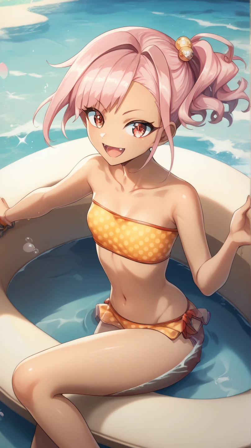 (Perfect body),Best Quality,(8K Portrait),(Official art)、((NSFW))、((((Lori))))、((((Short stature))))、embarrassed from、1girl in,((((:D))))、((Wavy mouth))、Surprised、One eye is closed、(blush),(Sweat),(((flat chest)))、(thick thighs)、(big butts)、Pink hair、((Short hair))、((Wavy Hair))、White Cat Mimi、Light blue striped bikini、Pink tie、((Feline Pose))、Cat gloves、 White knee socks、(yellow eyes)、Cowboy Shot、the beach、((spreading legs))、((Lying on the beach))