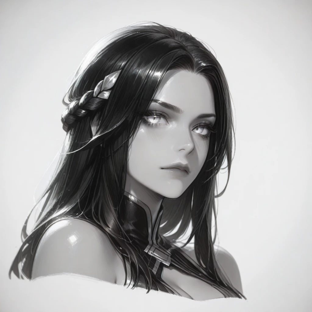 masterpiece、top-quality、hight resolution、High-quality images、8K.2femele、Monochrome grayscale、skin gloss、Texture of skin and clothing、the detail、Detailed eye expression、Lustrous hair、Black Long Hair、Female Warrior、huge sword