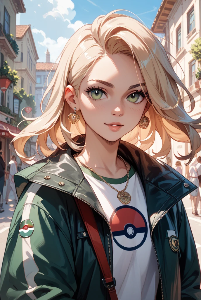 Female((30-years old)), hair((straight, Golden brown)), Eyes((smart Eyes, Green)), Clothes(New York Fashion Week, light white), Smiling, Breast Out, Ponytail, Accessories, baseball cap, covered nipples