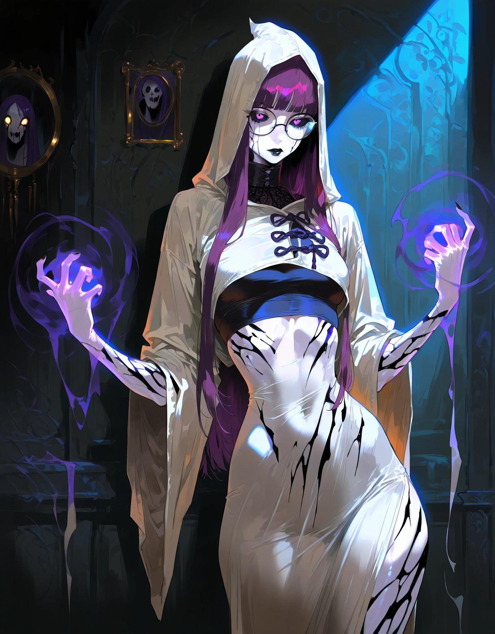 ((NSFW, , best quality, amazing quality, very aesthetic, extremely detailed, intricate details, minute details, detailed background, dramatic cinematic lighting:1.4,incredibly_absurdres, hard light:1.4, masterpiece 8k, vivid colors, rich palette, score_9, score_8_up, score_7_up), ghost woman, ghostfreak skin\(ghostfreak, ghostfreak body, white skin, solo, no humans, purple eye, black sclera, ghost, small breasts, straight bangs,, straight hair, long hair, purple hair, glasses, black crop top, black lips, white hood, white tunic, black marks, stripes\)
