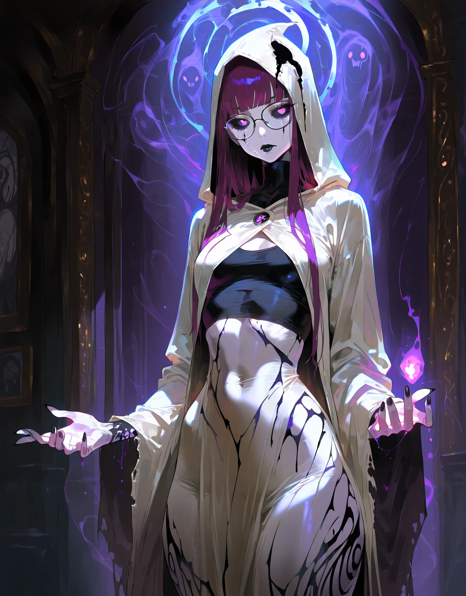 ((NSFW, , best quality, amazing quality, very aesthetic, extremely detailed, intricate details, minute details, detailed background, dramatic cinematic lighting:1.4,incredibly_absurdres, hard light:1.4, masterpiece 8k, vivid colors, rich palette, score_9, score_8_up, score_7_up), ghost woman, ghostfreak skin\(ghostfreak, ghostfreak body, white skin, solo, no humans, purple eye, black sclera, ghost, small breasts, straight bangs,, straight hair, long hair, purple hair, glasses, black crop top, black lips, white hood, white tunic, black marks, stripes\)
