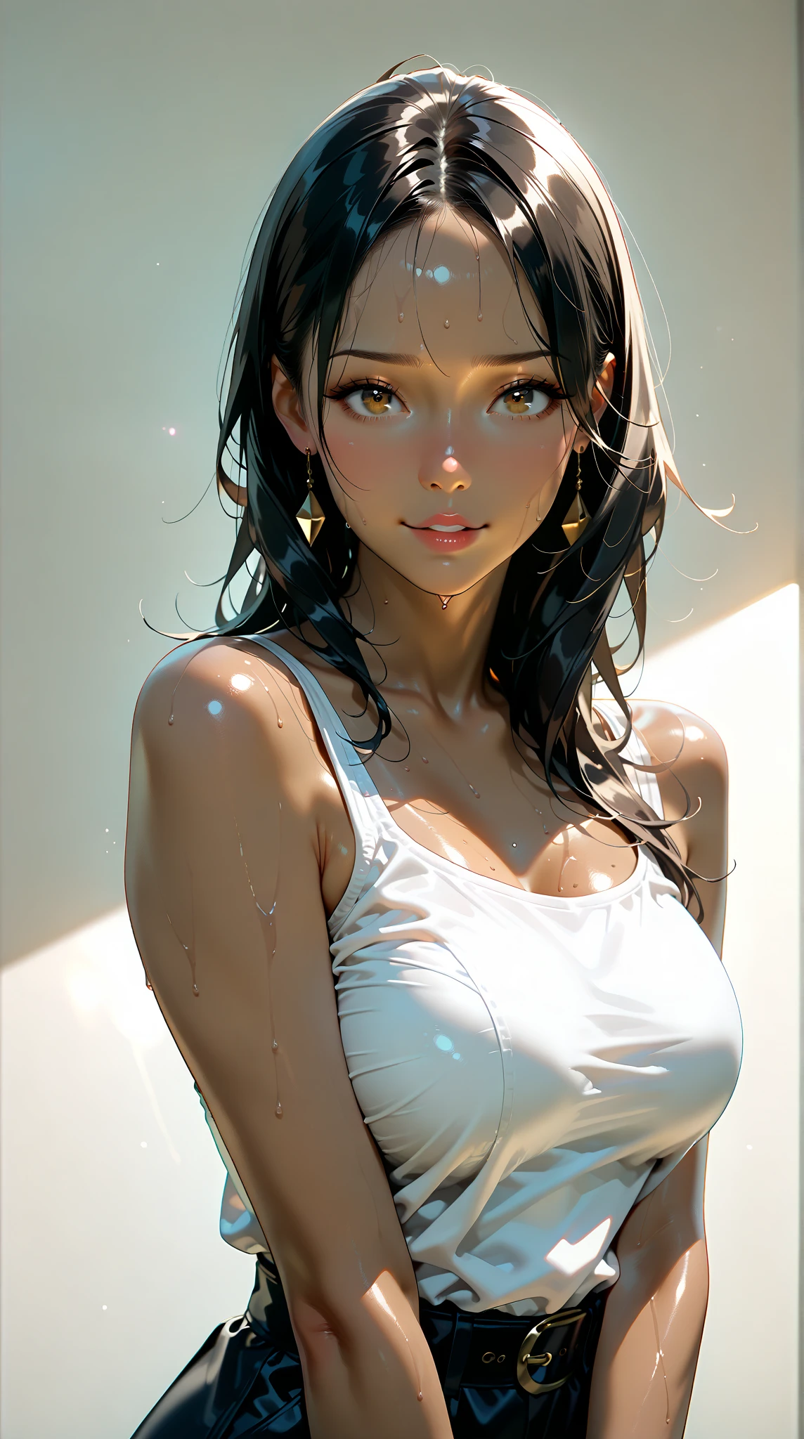 one girl, solo, (open stomach, bare stomach:1.3), slender body, fit body, (upper body, bust:1.2), (dark brown eyes:1.3), dark brown hair, (two cute braids:1.2), masterpiece, highly detailed, look at viewer, front view, (small breasts, tiny breasts, exposed breasts, deep cleavage:1.5), (transparent white t-shirt, wet t-shirt, choker:1.4), (studio lights, fractal art, bright colors, splashes of color background, colors mashing, paint splatter, complimentary colors, neon, compassionate, thunder, lightnings, electric, limited palette:1.1), expressing joy, (nipples:0.9)