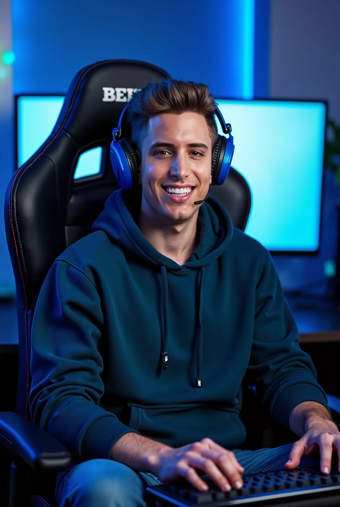 Hyperrealistic art half body photo of a n1ck a man, witch streamer playing video games on his pc, ear phones, cut-off tank tops, streamer bedroom, ((neon lights)), realistic, highly detailed, realistic eyes, intricate details, detailed background, depth of field, looking at camera,  solo shot, <lora:nicksjug:.8> . Extremely high-resolution details, photographic, realism pushed to extreme, fine texture, incredibly lifelike