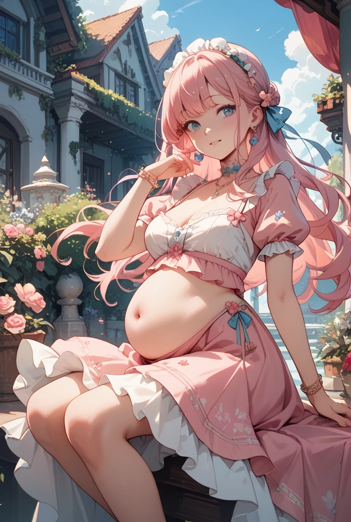 absurderes,Colorful,(best quality),(masterpiece),(highres),Original,Extremely detailed 8K wallpaper,detailedbackground,Cute face,Messy hair,Flowing hair,Complex background,Delicate face,exquisitedetails,fox ear,Pink hair,1girl,sparkle,red eyes,glowing light,cross legs,watercolor (medium),brook,Sit on a stone,((transparency):1.7\white_off-shoulder dress),Floral pattern dress,long whitr hair,Pregnant belly, maternity attire for pregnant women，maternity dress，pregnant belly，Pregnant belly