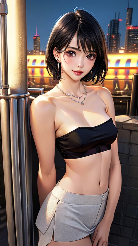 idos, realistic, 1 girl full of glamour, voluptuous, short black hair, type 3b, almond eyes. cute, bright eyes, crop top, very short skirt, split lips, blush, night, flowers, sun, sollight,Rubor, noche, flores, sol, sollight,