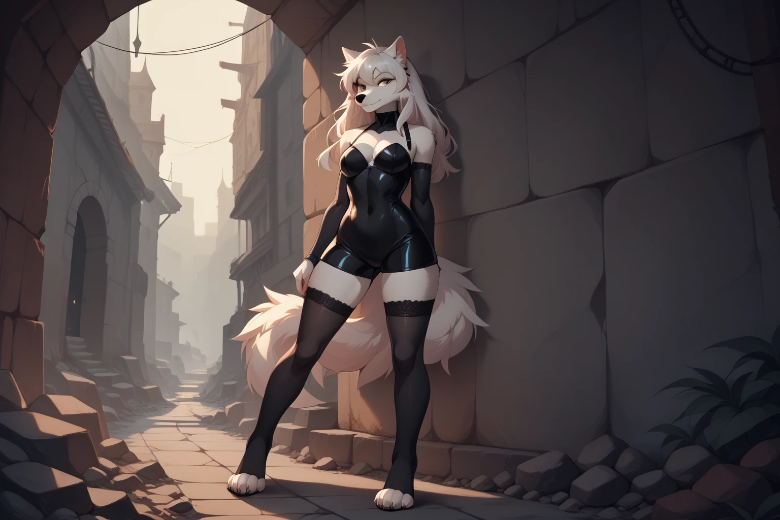 (8k, Realistic, RAW Photos, Highest quality, (from below:2), View your viewers: 1.3), (Fox Girl, Fox Ears, Silver Hair, One Girl, Long Hair, (Alone on the screen, dark skin), High definition:1.6), (Purple clothes, See-Through:1.8), (Body measurements are 99-55-77!, Nice body, Big Breasts, slender, muscle, (Stand with your legs apart, I can see the valley, Standing posture):1.9),(美しいface, Delicate drawing, It is written down in detail), Avatar, face, 色っぽいface, Dominant representation, naughty face, Uplifting, Skin Texture, outside, ruins, Ruined City, Broken Building, There are no people