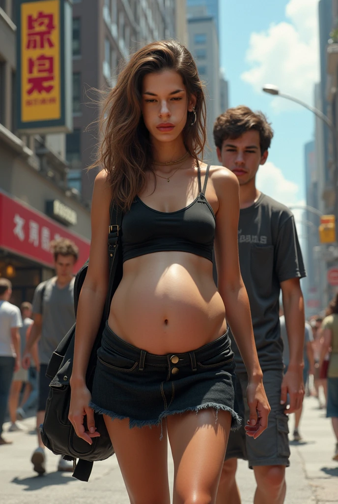 A pregnant Young woman chasing a young man