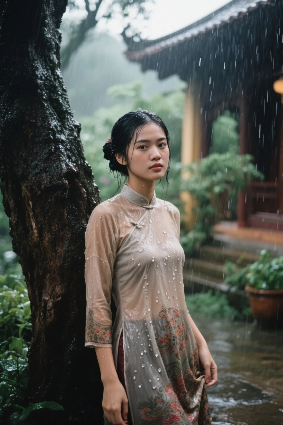 (((best quality))),(((ultra detailed))),(((masterpiece))),illustration,1girl, young,solo, slim,thin,shoulder length straight bob hair,small breasts,flat chest,standing,rainy night, heavy rain, drenched clothes, melancholy expression, solitude, tear rolling down cheek, wet hair, empty streets, dimly lit, deserted environment, sound of rain, footsteps, discarded umbrella on the ground, symbol of hope, abandoned, resilience, determination, walking in rain, heartbreak, loss, love fading, loneliness, body language, facial expression, dreary atmosphere, rain-soaked streets, somber mood, viewer engagement,full body