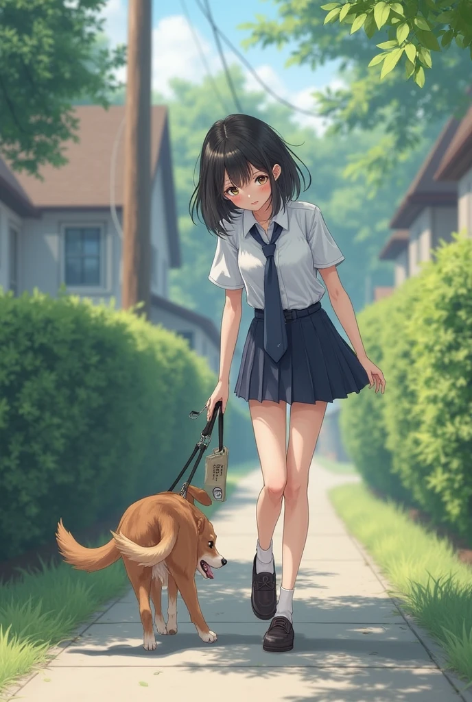 An incredibly charming little 5 year girl, carrying a backpack, accompanied by her adorable puppy, she is walking under rainy day with a purple umbrella on the Street. The illustration is in high definition at 4k resolution, with highly-detailed facial features and cartoon-style visuals. Animation 3d style 