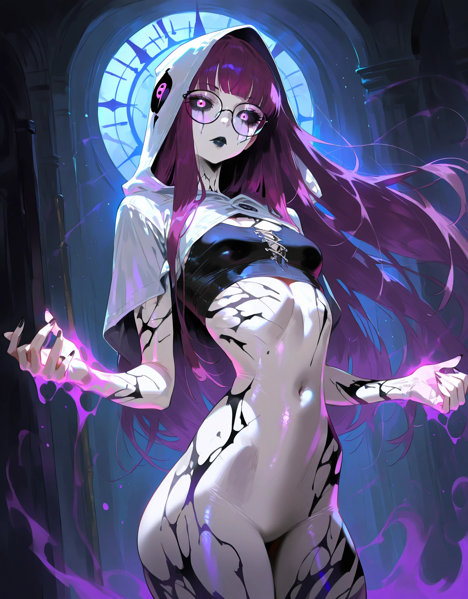 ((NSFW, , best quality, amazing quality, very aesthetic, extremely detailed, intricate details, minute details, detailed background, dramatic cinematic lighting:1.4,incredibly_absurdres, hard light:1.4, masterpiece 8k, vivid colors, rich palette, score_9, score_8_up, score_7_up), ghost woman, ghostfreak skin\(ghostfreak, ghost body, white skin, solo, no humans, purple eye, black sclera, ghost, small breasts, straight bangs,, straight hair, long hair, purple hair, glasses, black crop top, black lips, white hood, black marks, stripes\)
