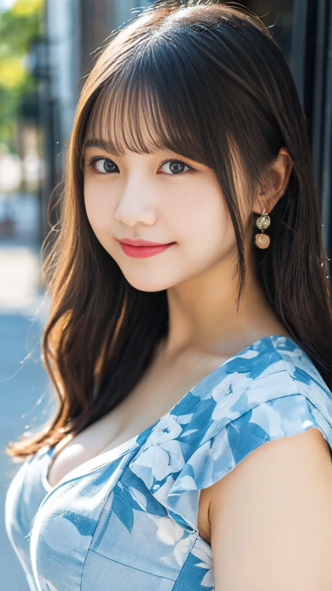 (masterpiece, best quality:1.1), (8k, raw photo, photo realistic:1.2, f22), (shiny skin),japanese,detailed skin,long hair,ribbon,detailed face, detailed eyes,smile,BREAK, real world, intricate details, smil, BREAK, 1girl, full body,(polka dot pattern,ショートスリーブ,purple),BREAK ,(朝:1.4)