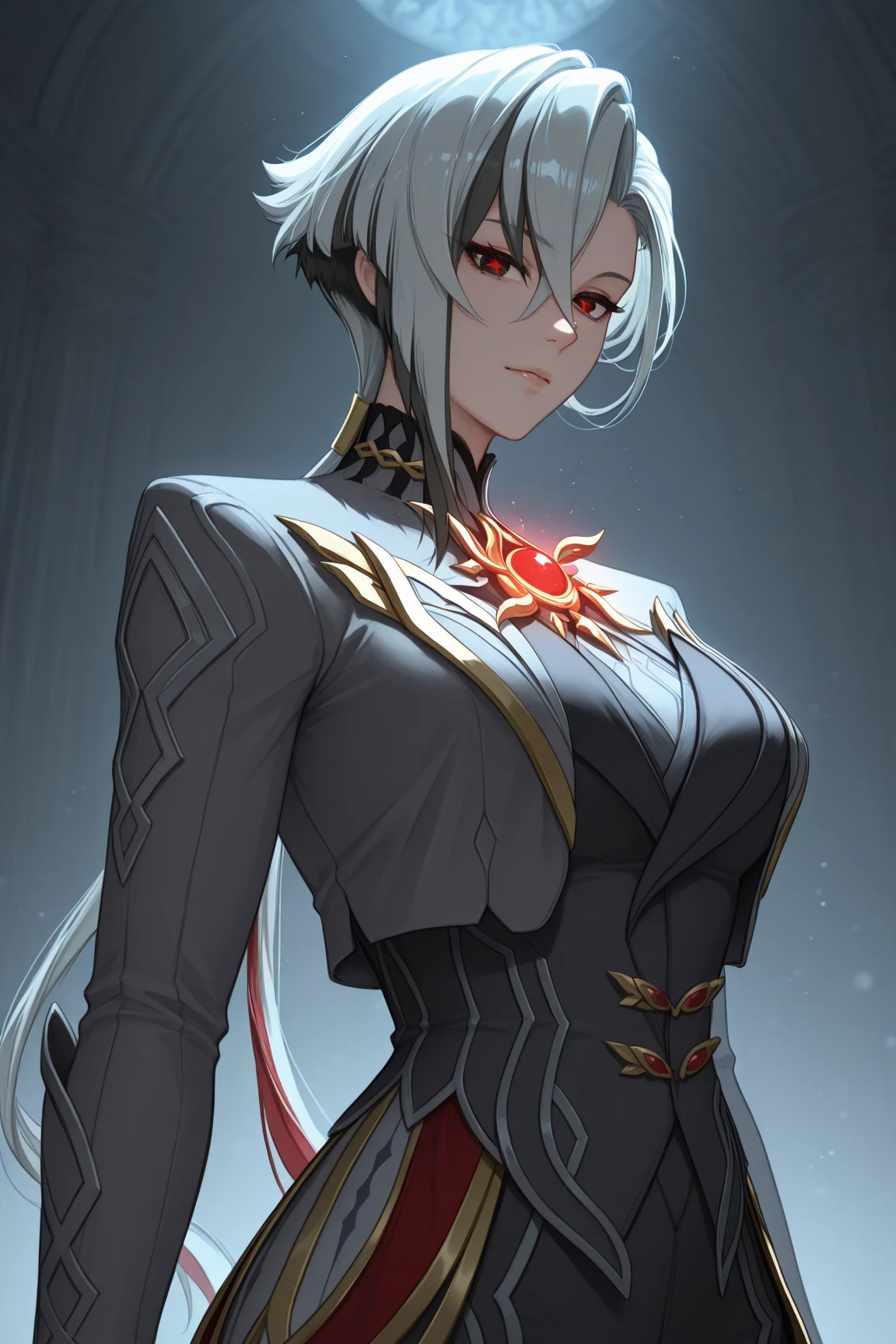 A woman with gray eyes, pale skin, sharp face, aloof expression, sunken eyes red warpaint, half-shaved right-sided white short hair, adepta sororitas, (best quality,4k,8k,highres,masterpiece:1.2),ultra-detailed,(realistic,photorealistic,photo-realistic:1.1), intricate details, cinematic lighting, dramatic lighting, dramatic pose