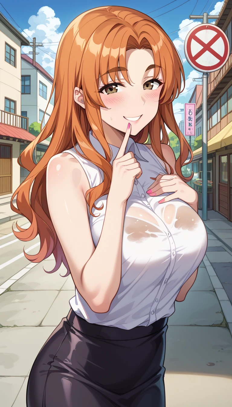 inoue orihime, long hair, orange hair, brown eyes,, 、 empty eyes Running, wearing nothing, big anime eyes, , shiny hair, bare-skin, navel, the groin, BREAK in front of convenience store, large breasts、 Nipples, nsfw, nipple , wet, Flooding. sea. solo