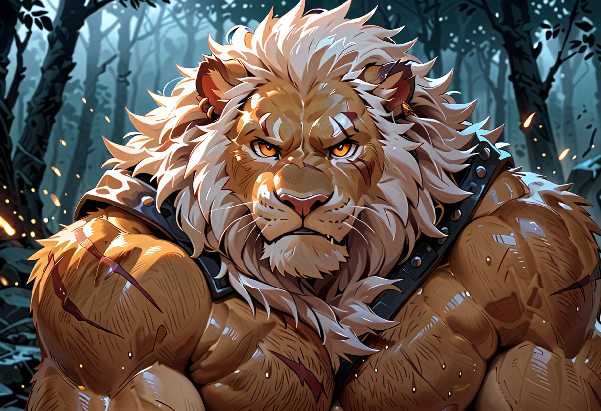 A hairy werewolf abandoned on the side of the road at night, muscular, athletic, sentimental, delicate features, bright colors, anime style, realistic, 8k, super detailed, representative, with scars and features. Bright eyes and teeth, tall and handsome, beautiful hair, special color. Tearful, unwilling, ragged, unhappy; Frustrated, crouched on the ground, weeping