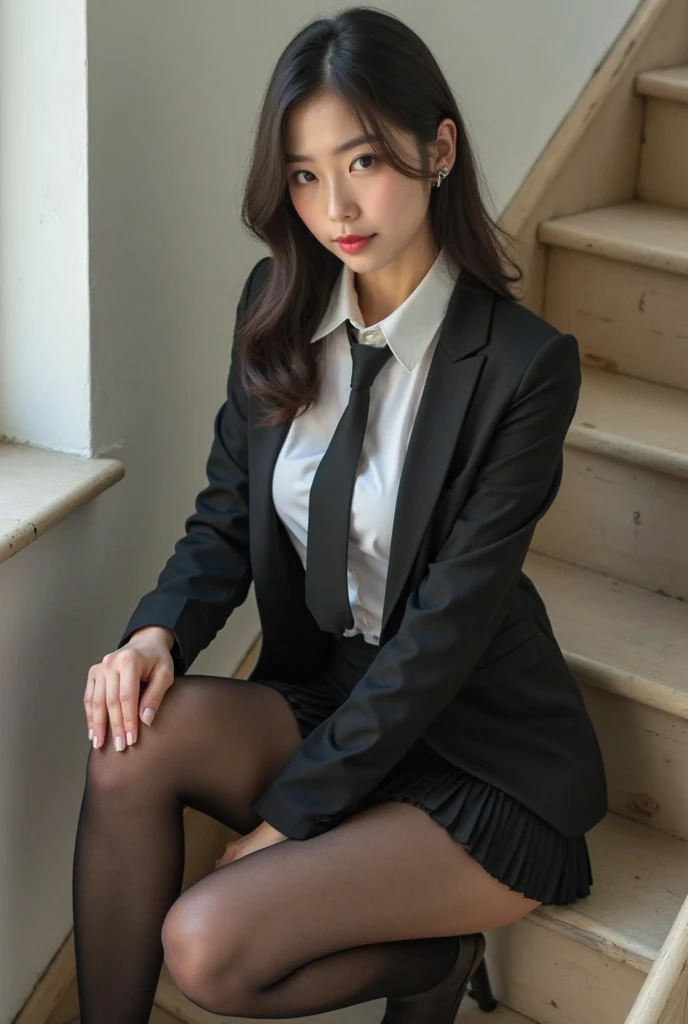 Actual photo、Highest im年 quality、Beautiful woman、Beautiful thighs、Beautiful Face、Uniform Ponytail、Yuriko Yoshitaka、Japanese women、pretty girl、skirt、Beautiful thighs、pumps、Sit on a chair、front、(Open your knees:1.4)、Panty shot、