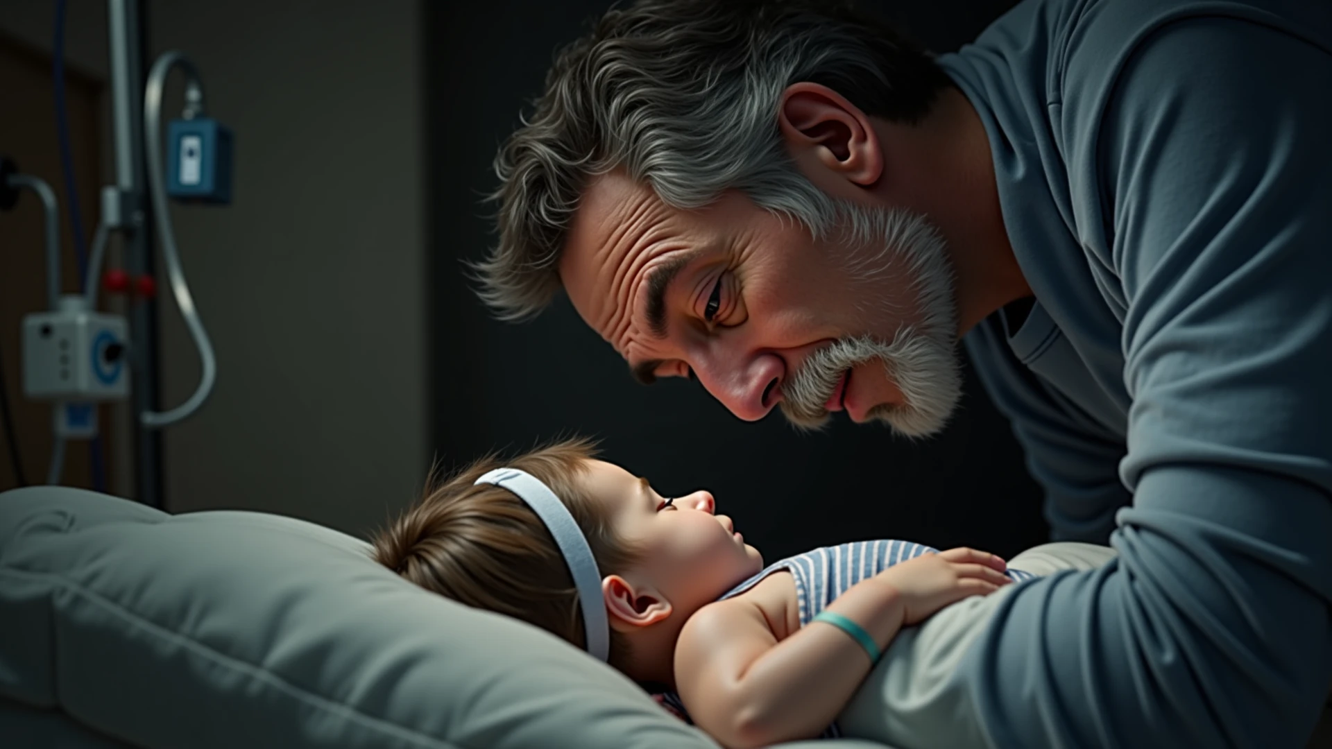 An image of a child crying desperately as if he didn't want to be there when he saw his grandfather lying in his bed