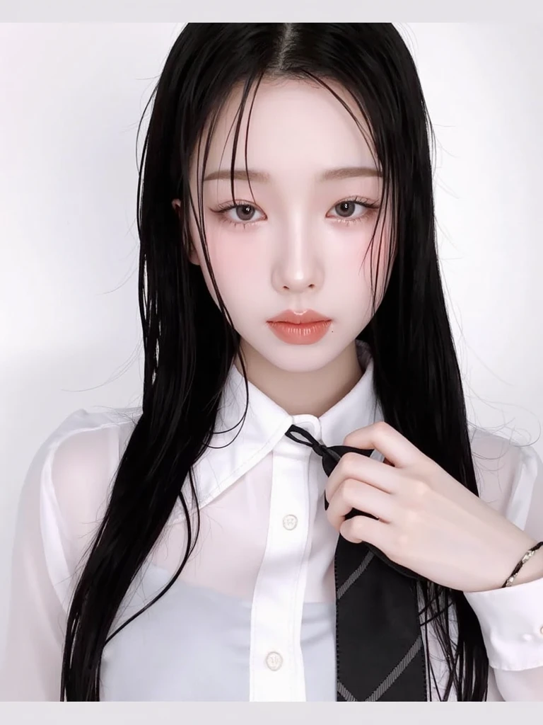 Un primer plano de una mujer con el pelo largo y pelinegro, Wonyoung de IVE, Retrato de Wonyoung de IVE, Wonyoung de IVE, Jang Wonyoung de IVE, maquillaje popular de Corea del Sur, Wonyoung de IVE, Retrato Wonyoung IVE, Tono de piel rosa pastel, Wonyoung de IVE, maquillaje coreano popular