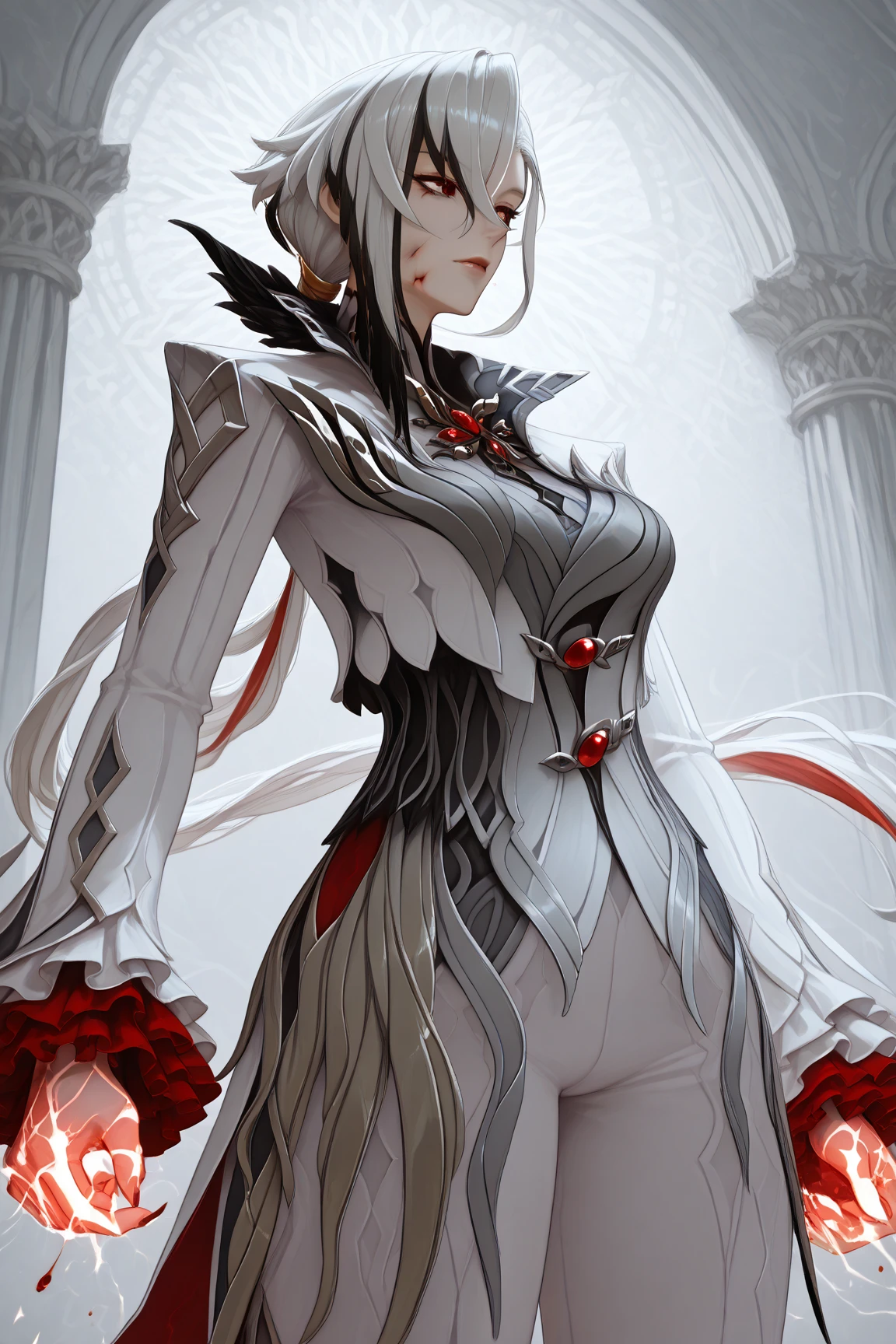 a close up of a woman in a white and red outfit, flesh ornate, lolth, collectible card art, full art, eldritch goddess, krenz cushart and artgerm, eldritch horror goddess, promo art, cushart krenz key art feminine, artgerm comic, tyler edlin fantasy art, eldritch legislature. Drawn sexy and naked.